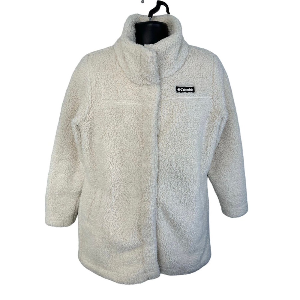 Columbia Panorama Long Jacket Sherpa Fleece Snap Front Size Large Cream Cozy